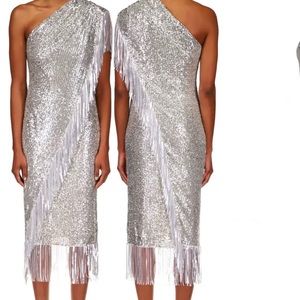 Badgley Mischka One-Shoulder Evening Dress Silver